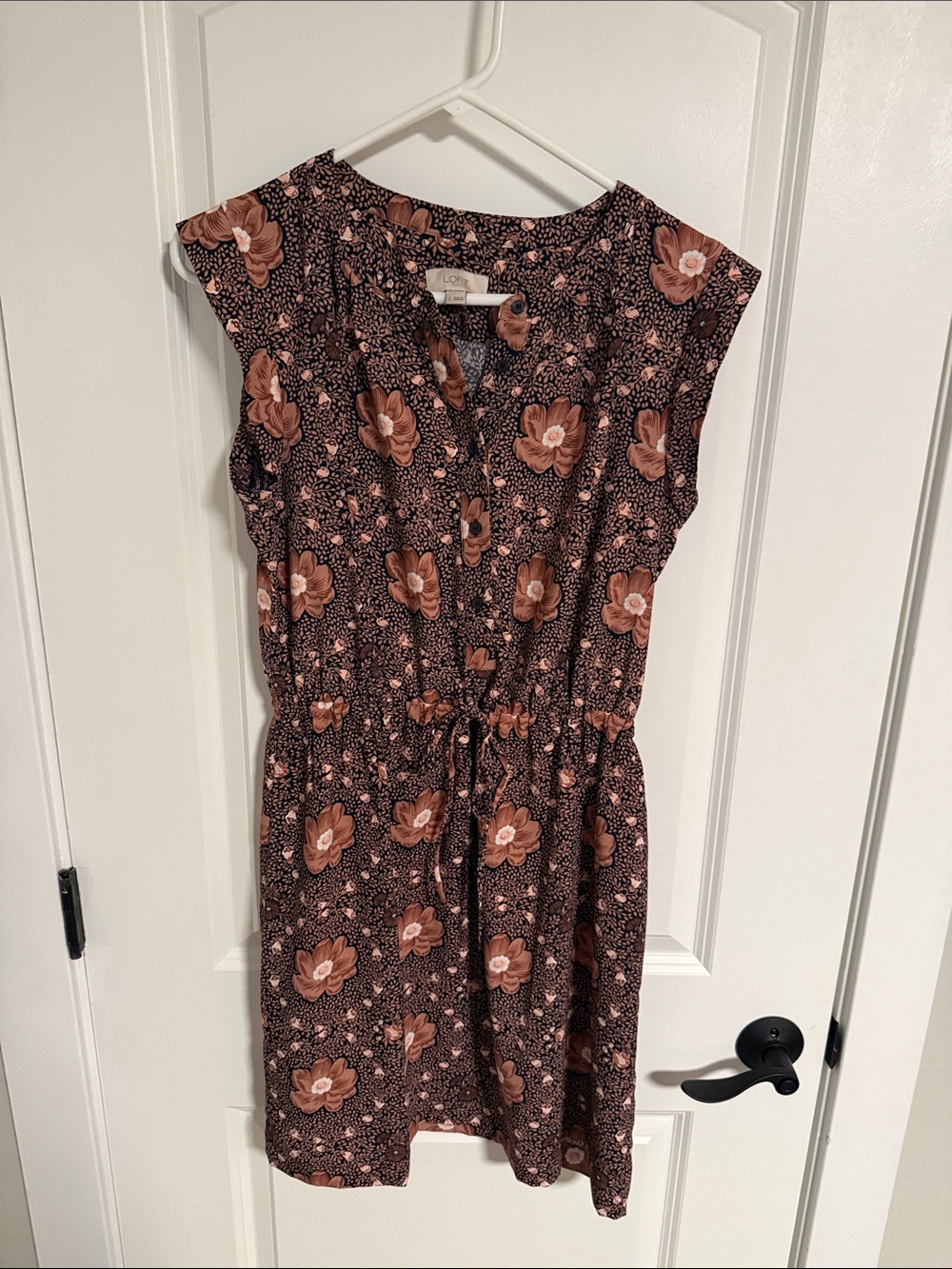 LOFT Brown Floral Drawstring Mini Dress with Pink Accents